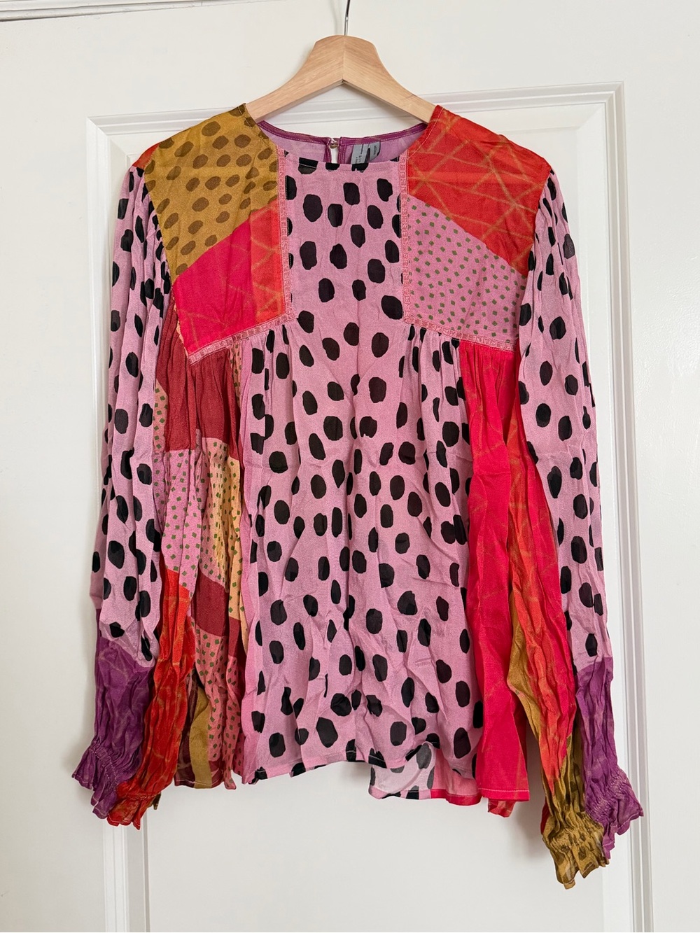 Anthropologie Boho Patchwork Pink Polka Dot Long-Sleeve Top